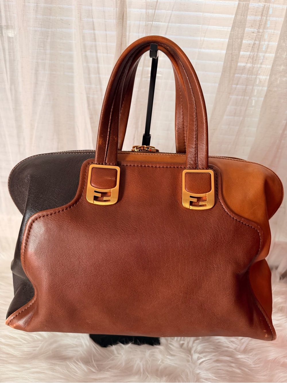 Fendi Two-Tone Brown Dark Brown and Black Leather Satchel with Gold Accents - Picture 5 of 13